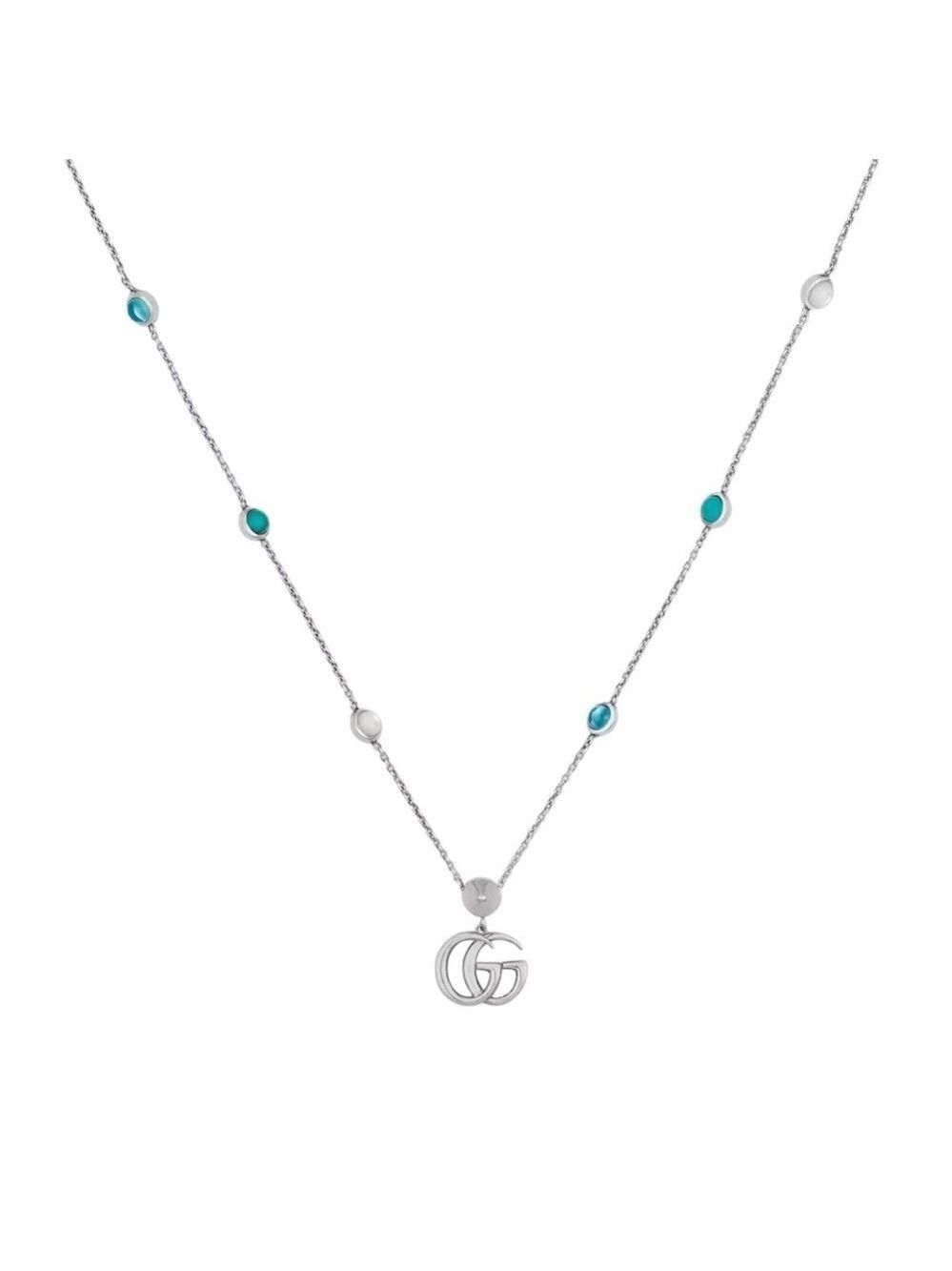 Gucci GG Marmont Silver Necklace Turquoise Resin Mother of Pearl Authentic Gucci